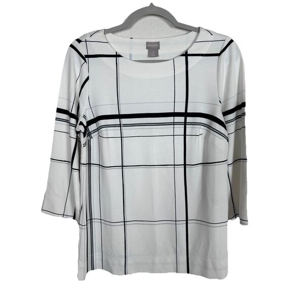 Chicos Sz 0 US. 4 pull over B&W plaid boatneck tunic preppy office basic top - Picture 1 of 5